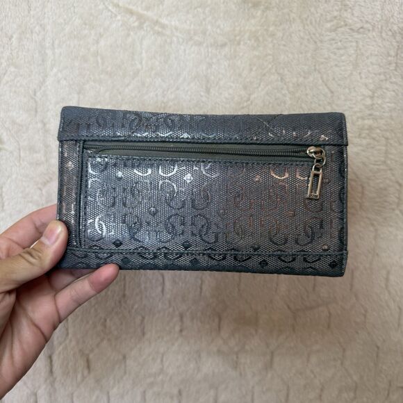 Guess Tri-Fold Faux Leather Wallet Charcoal Gray/Silver Monogram G‎ - Picture 7 of 16